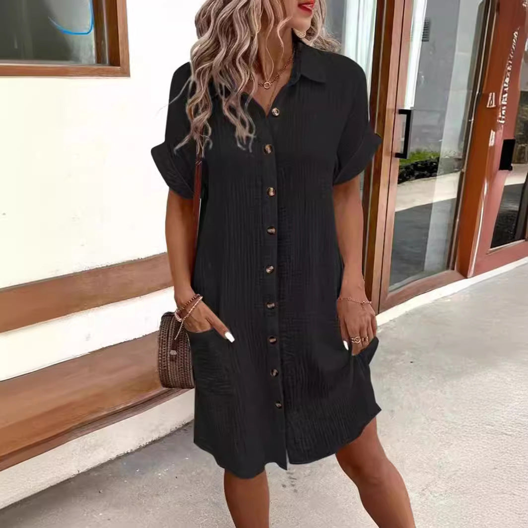 Damen Kurzarm Hemdkleid mit Knopfleiste und praktischen Taschen EB