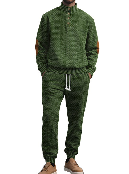 Herren nan strukturiertes Strick-Freizeitset mit Halbknopf-Stehkragen Wildleder-Ellbogenpatches und Kordelbund-Jogger EB