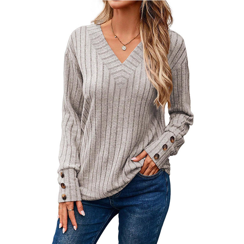 Damen V-Ausschnitt Pullover mit dekorativem Streifenmuster und Knopfdetails EB