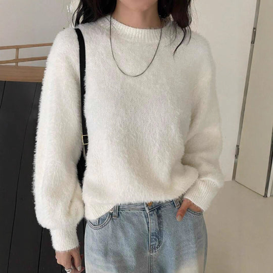 Damen Kurzgeschnitteter Flauschpullover mit Ballonärmeln und Rundhalsausschnitt EB