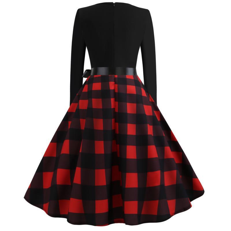 Damen Retro Swingkleid mit welligem V-Ausschnitt, tailliertem Satinbindegürtel und karierter Tellerrock EB