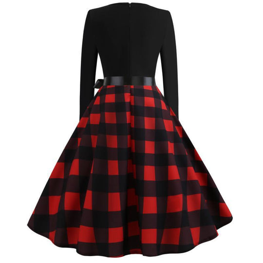 Damen Retro Swingkleid mit welligem V-Ausschnitt, tailliertem Satinbindegürtel und karierter Tellerrock EB