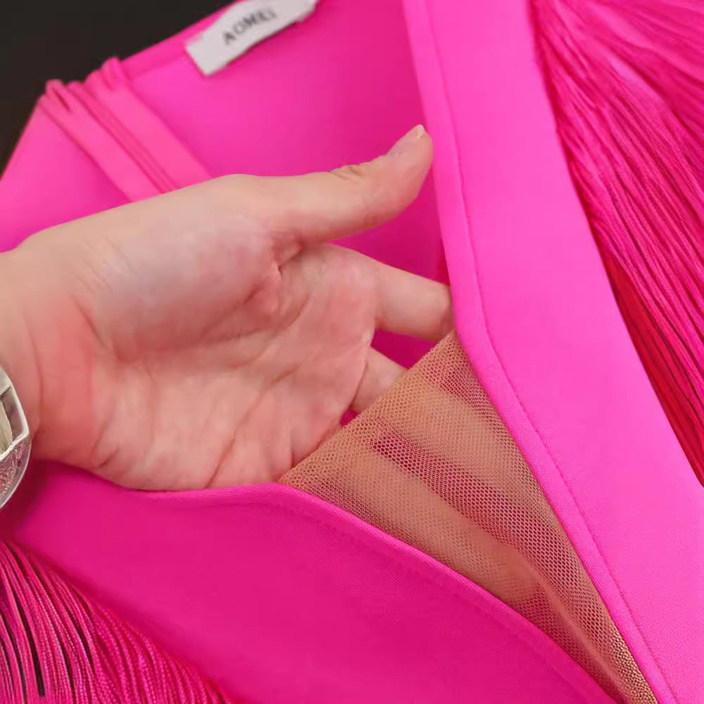 Damen figurbetontes Abendkleid mit Fransen und tiefem V-Ausschnitt EB