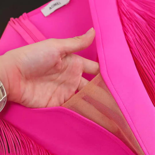 Damen figurbetontes Abendkleid mit Fransen und tiefem V-Ausschnitt EB