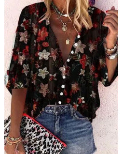 Damen Transparente Bluse mit floralen Stickereien und übergroßem Schnitt EB