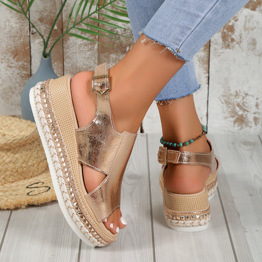 Damen nan Plateau-Sandalette aus geprägtem Kunstleder mit geflochtener Espadrille-Sohle und verstellbarem Fersenverschluss EB