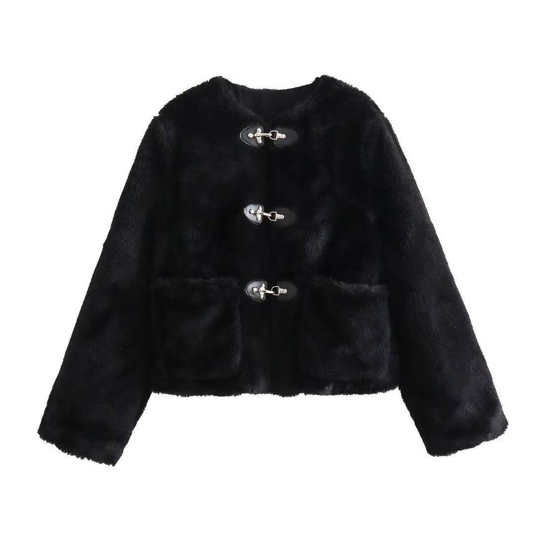 Damen kuschelige Fleecejacke mit dekorativen Knöpfen EB