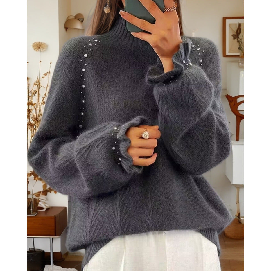 Damen nan Oversize Strickpullover mit Stehkragen und Perlendetails EB