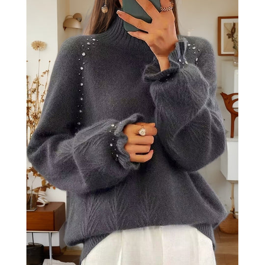 Damen nan Oversize Strickpullover mit Stehkragen und Perlendetails EB