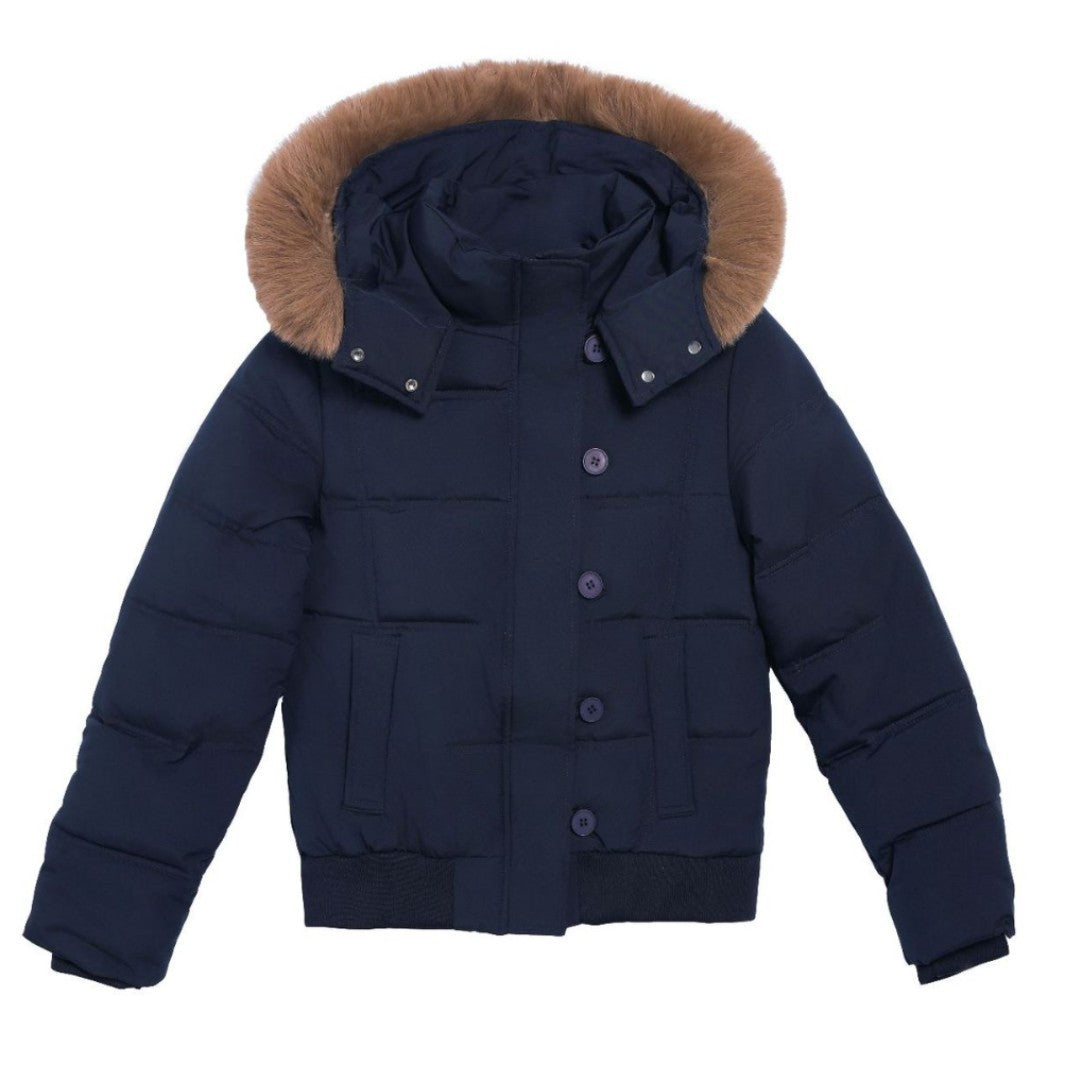 Damen Stylische Jacke mit abnehmbarem Kunstfellkragen und Knopfdetails EB