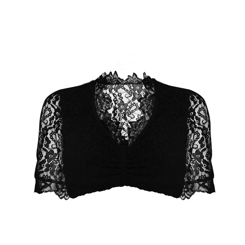 Damen nan bauchfreies Carmen Top mit geraffter Front und transparenten Puffärmeln EB