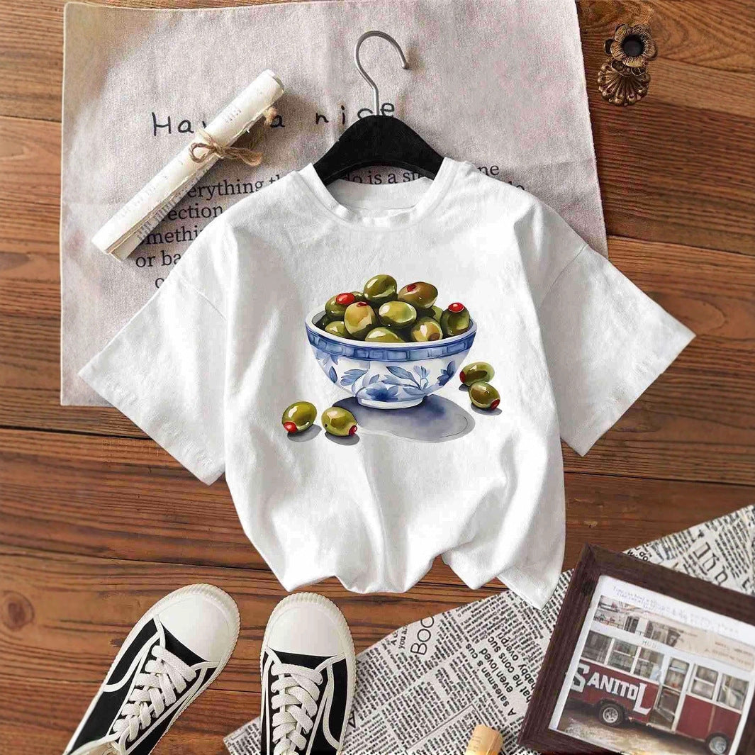 Damen T-Shirt mit kreativem Olivenmotiv EB