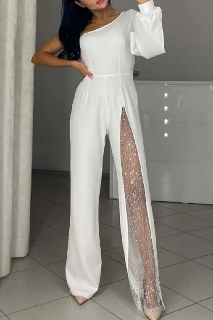 Damen Eleganter Jumpsuit mit transparenten Einsätzen und Pailletten EB