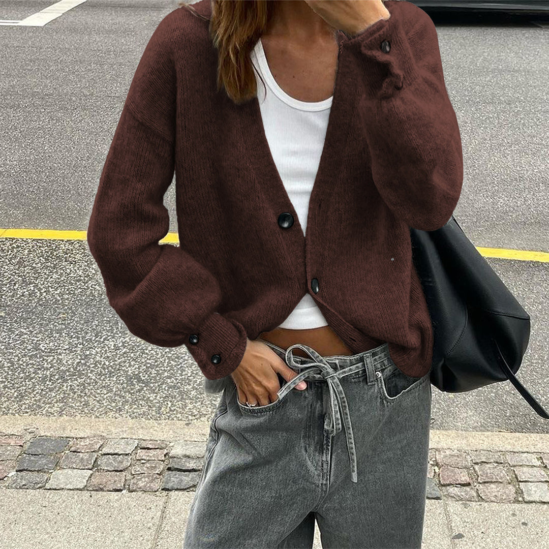 Damen nan lässige Strickjacke mit tiefem V-Ausschnitt, aufgesetzten Knopfleisten und Ballonärmeln EB