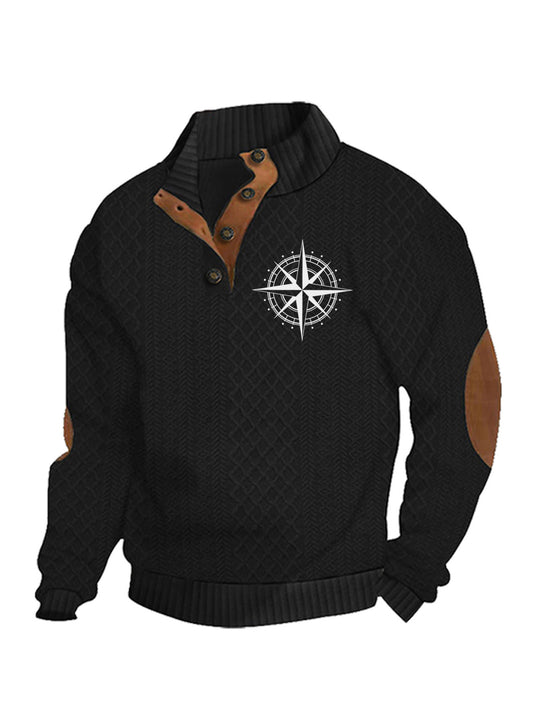 Herren nan Heritage-Strukturpullover mit Stehkragen Lederimitat-Besatz Ellenbogen-Patches und Halbknopfleiste EB