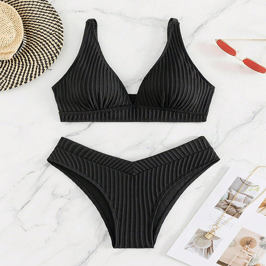 Damen Hochgeschnittenes Triangel-Bikini-Set mit strukturiertem Stoff EB