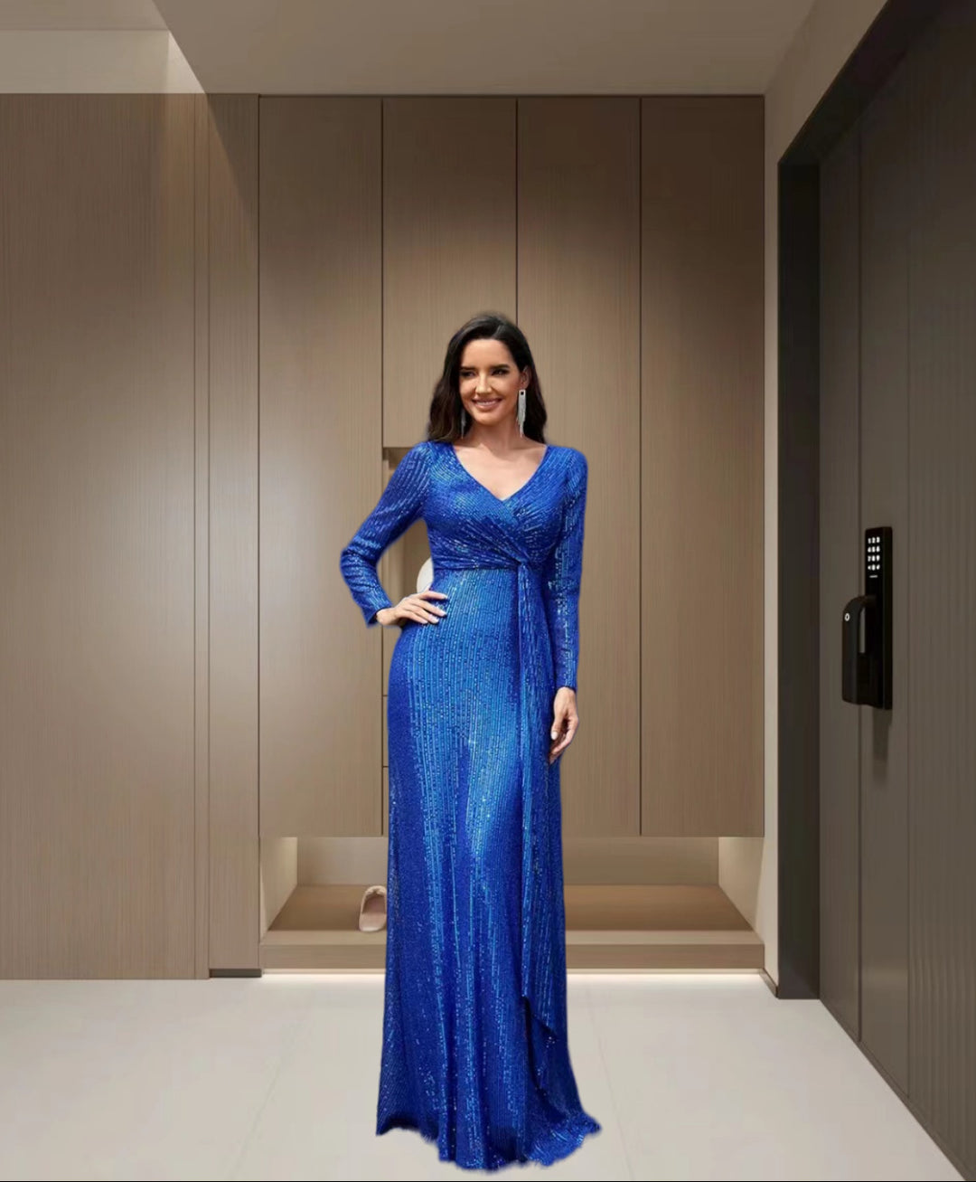 Damen Elegantes Pailletten Abendkleid mit Wickeloptik und langen Ärmeln EB