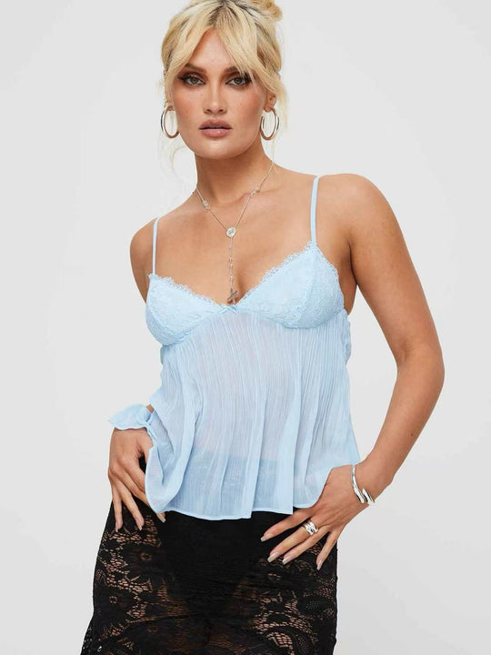 Damen Transparente Plissee-Bluse mit Spitzenapplikationen EB