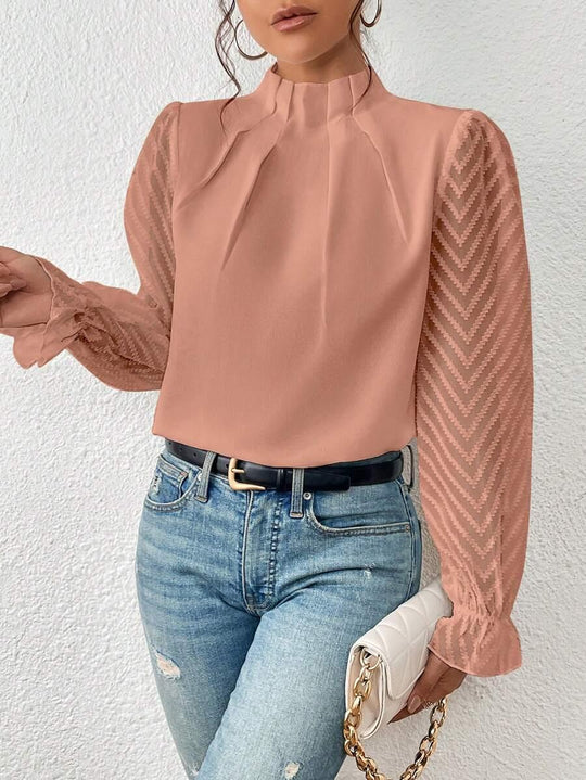 EB | Bluse mit Plissiertem Kragen und Transparenten Ärmeln Stilvoll und Feminin