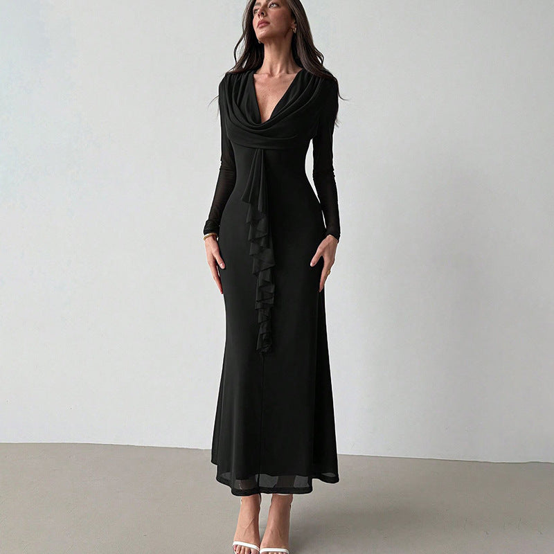 Damen Elegantes Maxikleid mit tiefem V-Ausschnitt und Rüschendetail EB