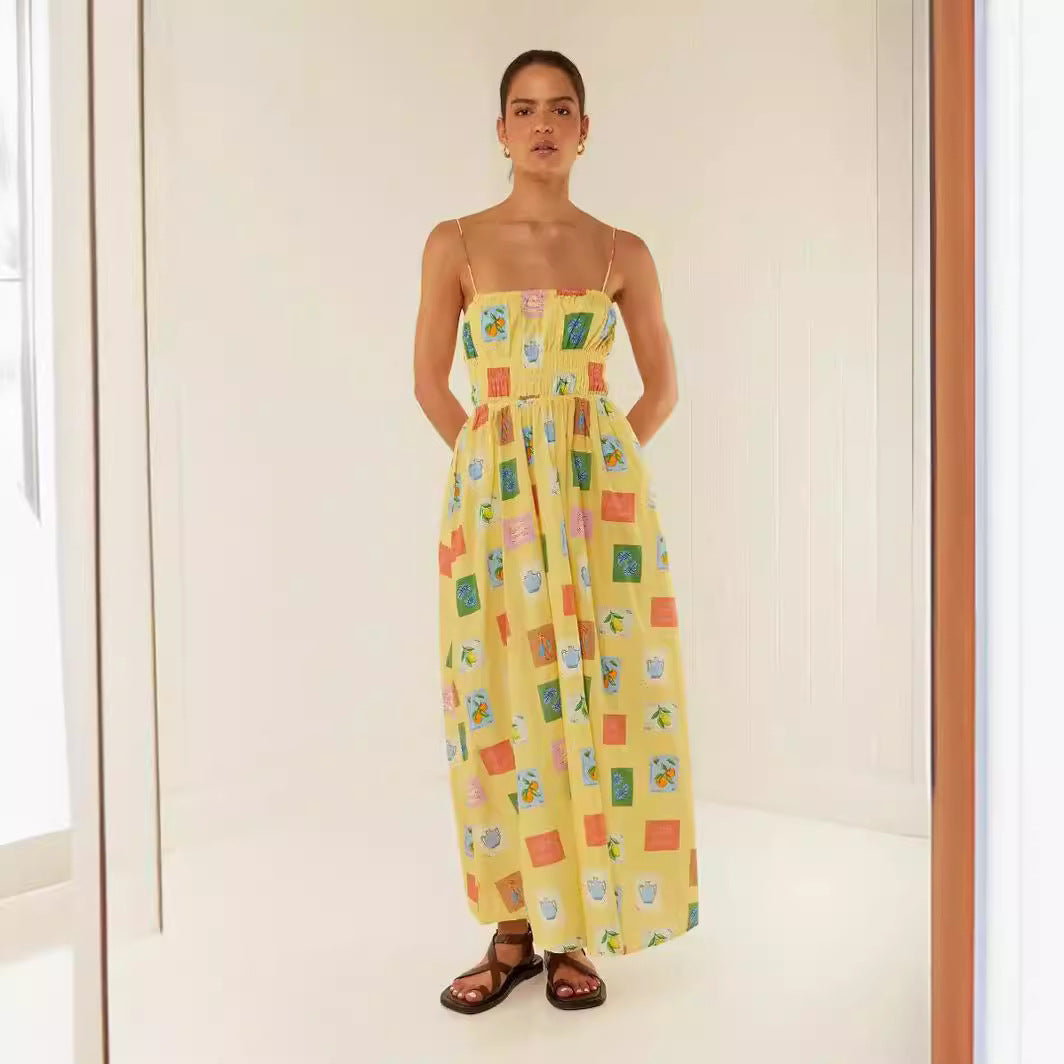 Damen Maxikleid mit elastischem Bund und verspieltem Blumenmuster EB