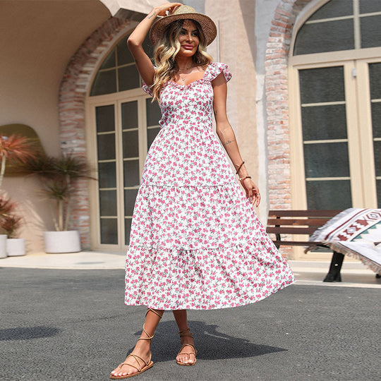 Damen Maxi-Kleid mit romantischen Volantärmeln und floralem Design EB