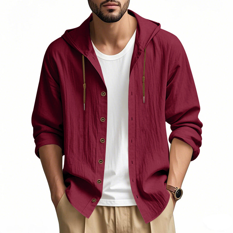 Herren nan leichtes Kapuzenhemdjacke aus Leinenoptik mit durchgehender Knopfleiste EB