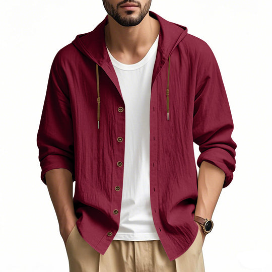 Herren nan leichtes Kapuzenhemdjacke aus Leinenoptik mit durchgehender Knopfleiste EB