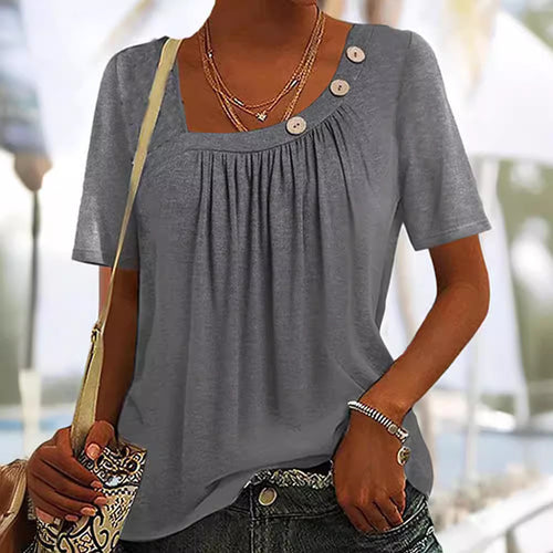 Damen nan locker sitzendes Kurzarmshirt mit quadratischem Ausschnitt, geraffter Brustpartie und Zierknopf-Detail EB