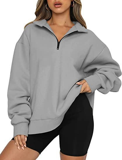 Damen nan oversized Sweatshirt mit halbem Reißverschluss, weichem Fleece-Innenfutter und Kängurutasche EB