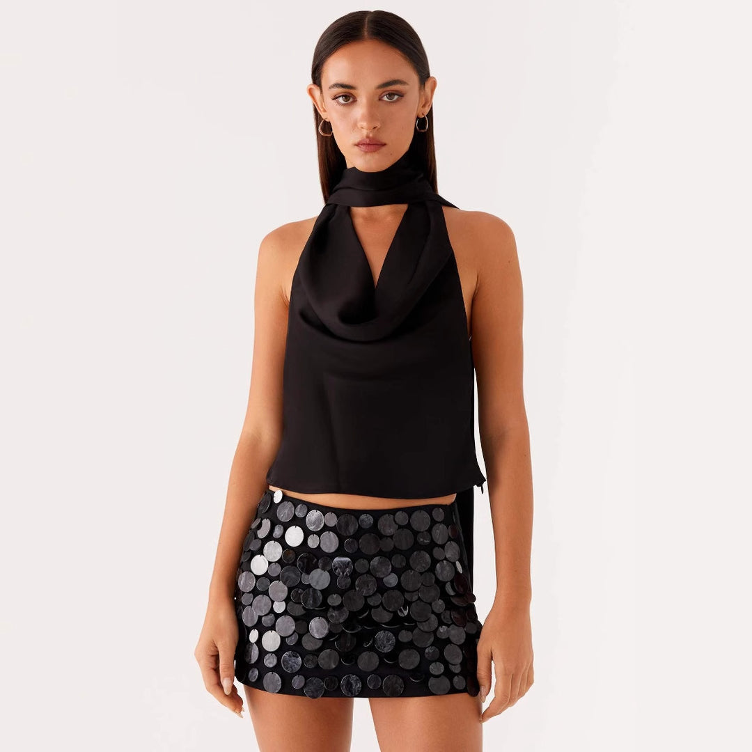 Damen elegantes Top mit tiefem V-Ausschnitt und asymmetrischem Rockdesign EB