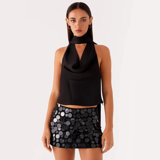 Damen elegantes Top mit tiefem V-Ausschnitt und asymmetrischem Rockdesign EB