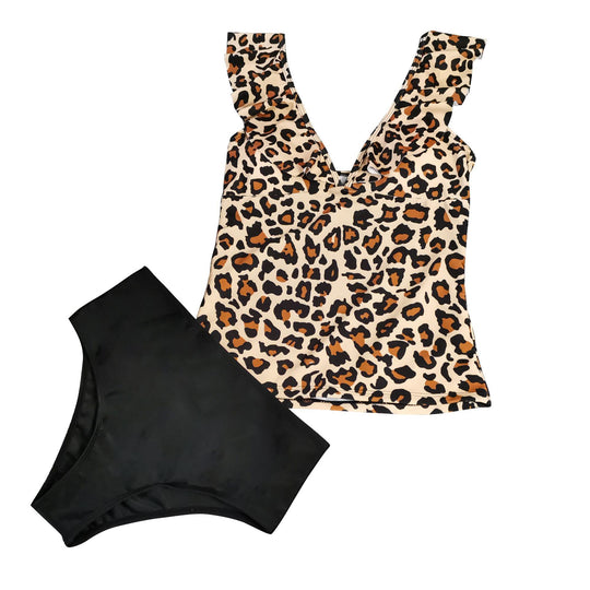 Damen Eleganter Badeanzug mit Leopardenmuster und Rüschendetails EB