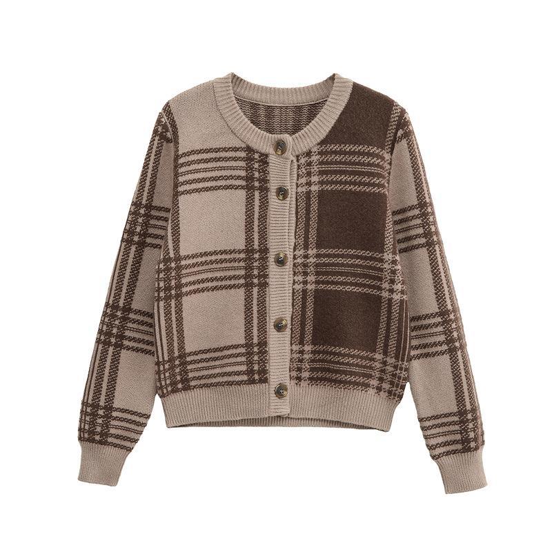 Damen Karierte Strickjacke mit Knopfverschluss und gerafften Ärmeln EB