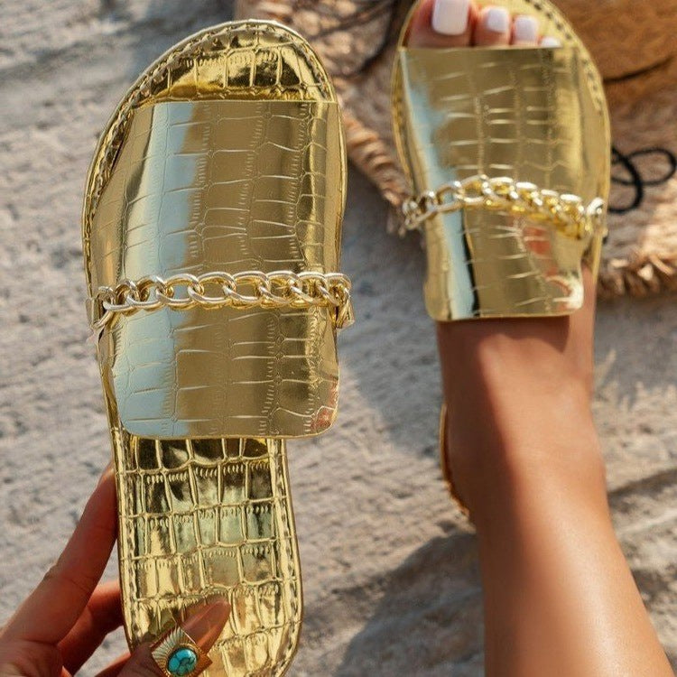 Damen elegante Riemchensandalen mit goldener Kettenverzierung EB