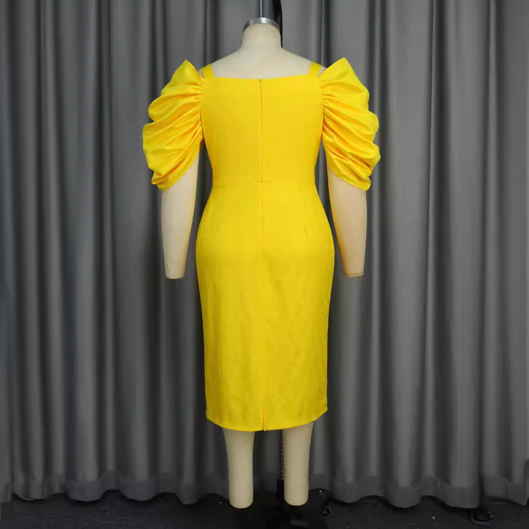 Damen figurumspielendes Kleid mit voluminösen Puffärmeln und Taillengürtel EB