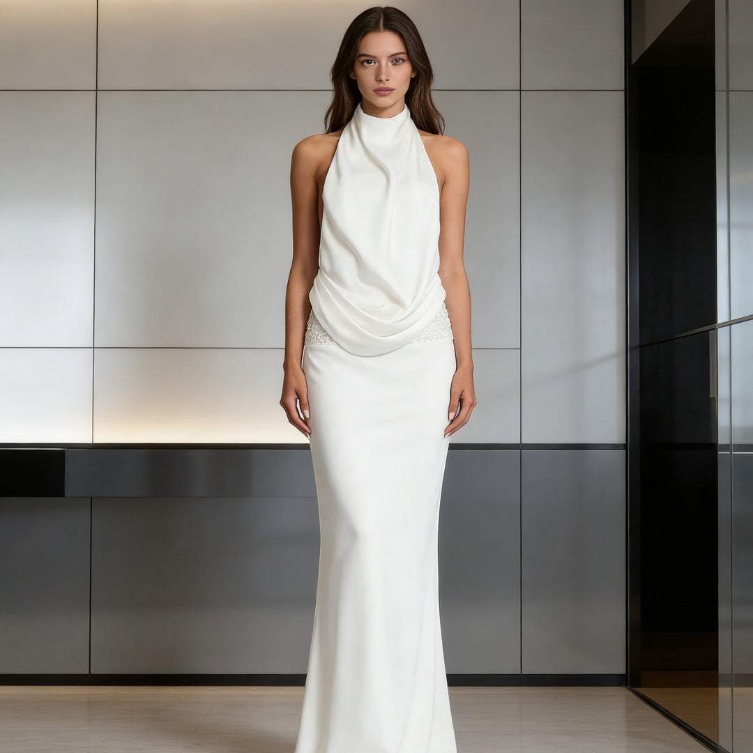 Damen Elegantes und fließendes Abendkleid mit hohem Kragen EB
