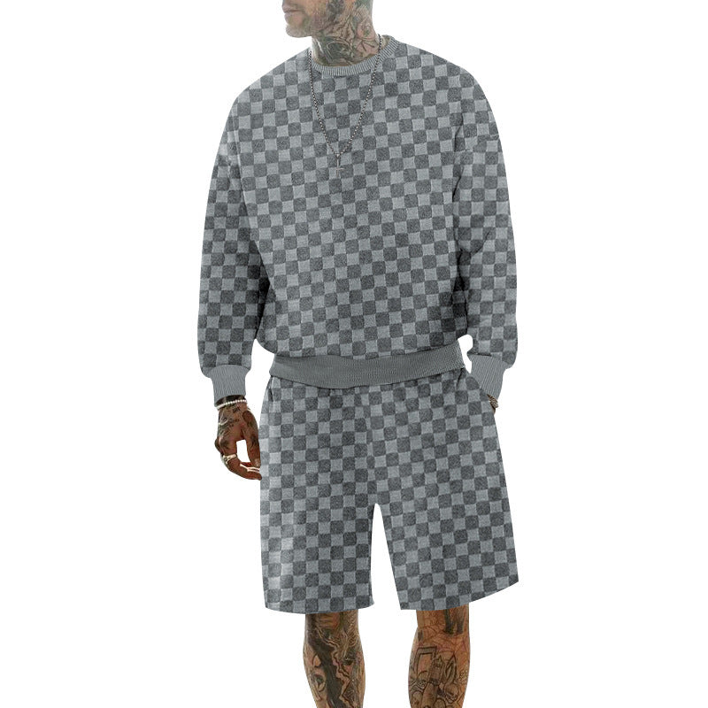 Herren nan oversized Waffelstrick-Lounge-Set mit Crewneck-Sweatshirt und knielangen Bermuda-Shorts EB