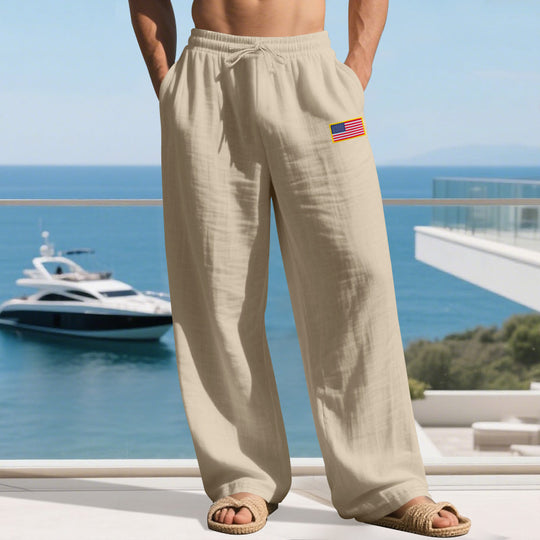 Herren nan lässige Leichtgewicht-Loungehose mit Tunnelzugbund, weitem Bein und Flaggen-Patch EB