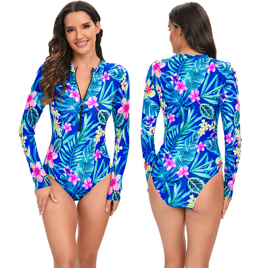 Damen Sportlicher Langarm-Badeanzug mit floralen Akzenten EB