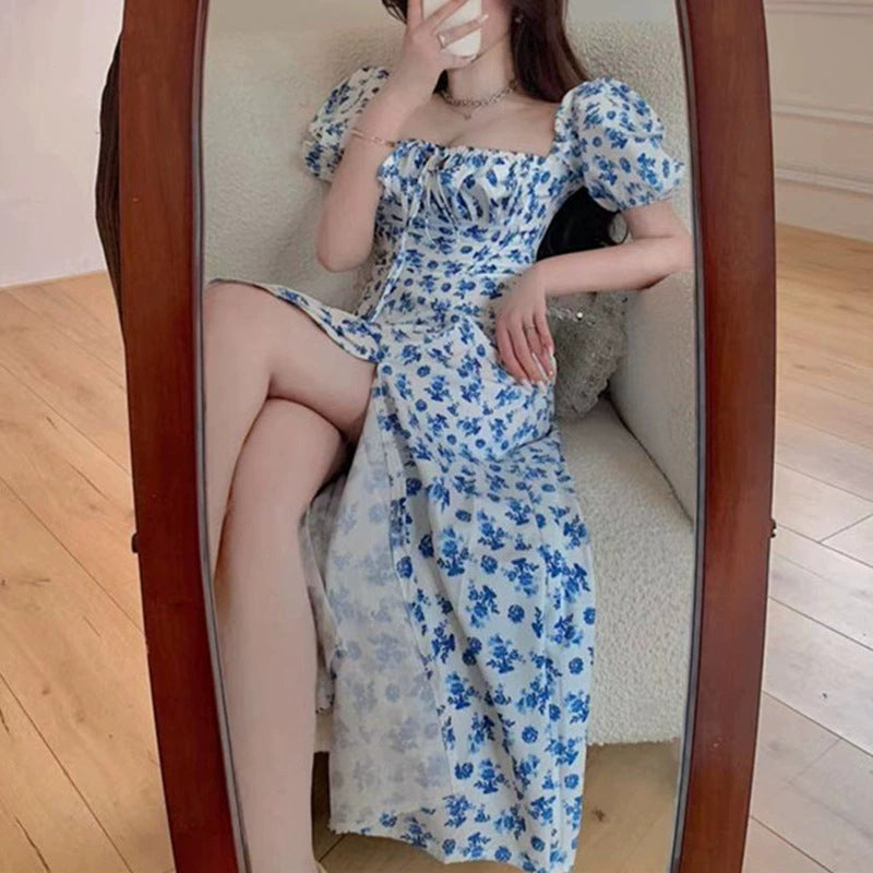 Damen Maxikleid mit eleganten Puffärmeln und floralem Design EB
