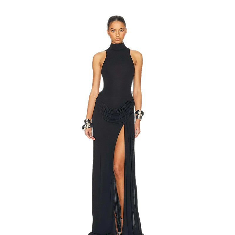 Damen Elegantes Maxikleid mit hochgeschlossenem Kragen und seitlichem Schlitz EB