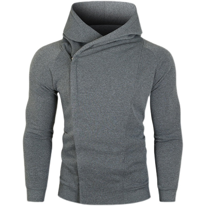 Herren nan asymmetrischer Kapuzenpullover mit Wickelkragen und verdeckter Knopfleiste, schlanke sportive Passform EB