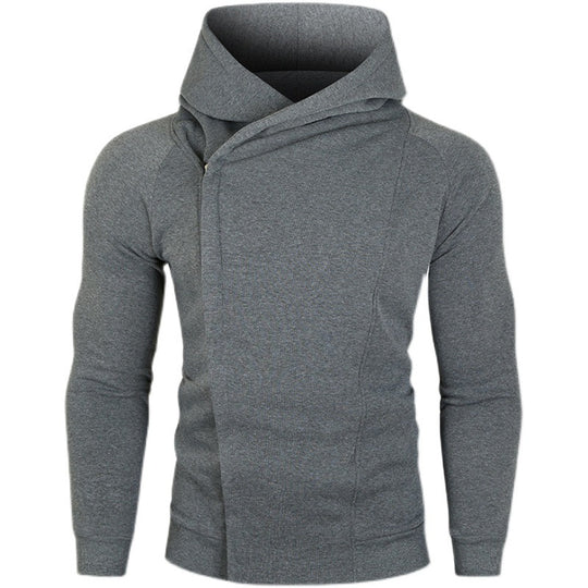 Herren nan asymmetrischer Kapuzenpullover mit Wickelkragen und verdeckter Knopfleiste, schlanke sportive Passform EB