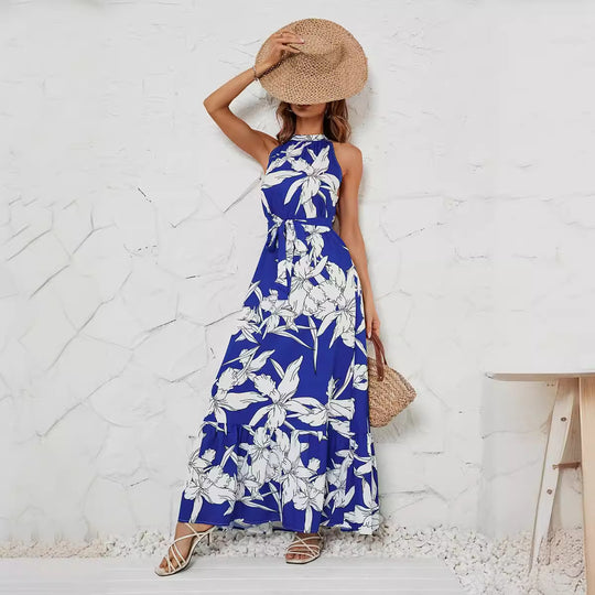 Damen Maxikleid mit floralem Print und elegantem Halsband EB