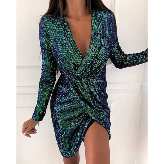Damen Funkelndes Cocktailkleid mit V-Ausschnitt und langen Ärmeln EB