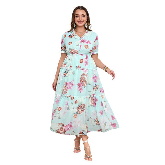 Damen Bohemian Maxikleid mit voluminösem Rock und floralem Design EB