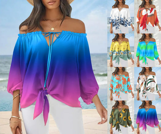Damen Off-Shoulder Bluse mit floralem Design und Bindegürtel EB