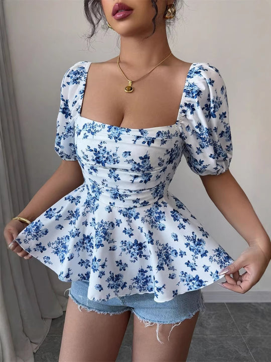Damen Peplum-Bluse mit Puffärmeln und floralem Design EB