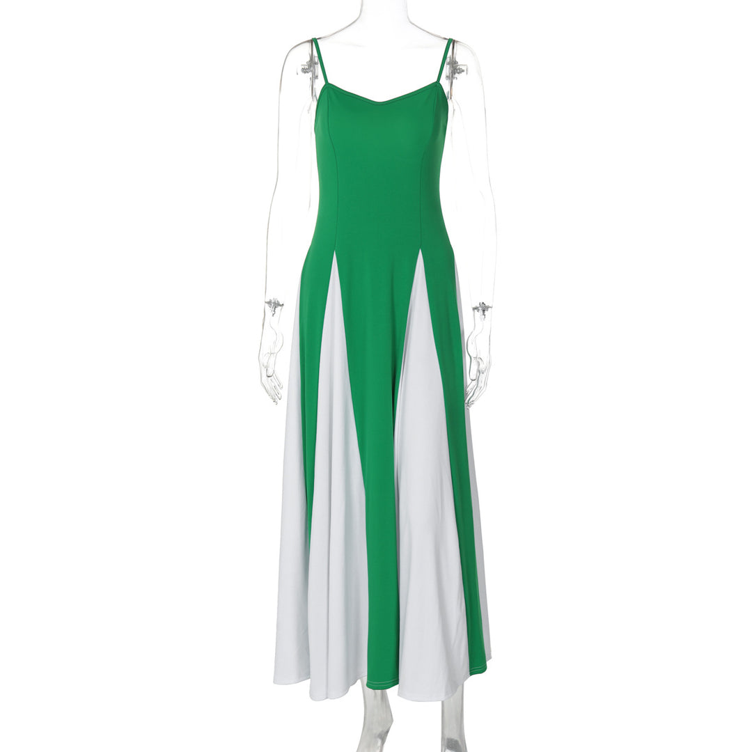 Damen Elegantes Maxikleid mit diagonalen Farbakzenten und schmalen Spaghettiträgern EB